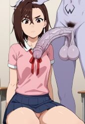 ai_generated ayase_momo big_balls big_penis dandadan futanari futanari hairy_penis overwatch pubes pubic_hair school school_uniform widowmaker