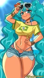 1girls artist_name belly bikini black_eyelashes blue_bikini blue_bra blue_panties blush blushing brazilian brazilian_miku breasts earrings eyelashes eyes female female_focus female_only flower flower_in_hair glasses glasses_on_head green_hair green_hair_female hatsune_miku he11_4ngel jeans_shorts long_hair long_hair_female navel necklace patreon_link pierced_belly_button pierced_navel piercing shorts skinny skinny_female skinny_girl smile smiling solo solo_female solo_focus stomach t-shirt tanned tanned_female tanned_girl tanned_skin thick_thighs thighs tummy vocaloid waist