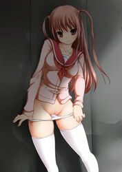 ashita_yaru atarashi_ako brown_hair female long_hair looking_at_viewer naughty_face panty_pull posing pussy red_eyes saki saki_achiga-hen school_uniform seifuku smile tagme thighhighs uncensored