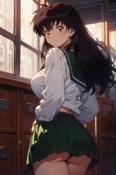 1girls ai_generated ass black_hair black_panties brown_eyes curvy curvy_female detailed_background female female_only green_skirt inuyasha kagome_higurashi long_hair looking_back school_uniform self_upload serafuku skirt solo stable_diffusion upskirt