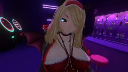 animated black_sclera blonde_hair blue_eyes breasts cleavage clothing female ginjo_soma heterochromia indoors inside red_eyes solo tagme tongue tongue_out video vrchat