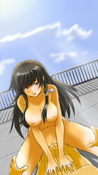 1boy abs artist_request bare_shoulders blush braid breasts brown_hair clitoris cowgirl_position crying female fence hair_ornament hair_ribbon highres insertion large_breasts long_hair looking_at_viewer male moving muv-luv muv-luv_alternative muv-luv_alternative_-_total_eclipse navel nipples nude open_mouth outdoors outside penis purple_eyes pussy ribbon romantic roof rooftop sex single_braid sky straight takamura_yui tear uncensored vaginal_penetration