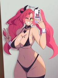 1girls bikini green_eyes long_hair nicole_demara one_eye_closed phone pink_hair sebs_i_art selfie smile twintails v wink zenless_zone_zero