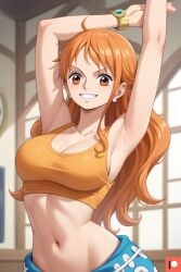 ai_generated big_breasts bracelet earrings female female_only indoors long_hair looking_at_viewer midriff nami nami_(one_piece) omega_weirdo one_piece orange_eyes orange_hair patreon pirate pov smile stretching tank_top time_skip