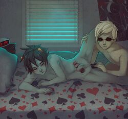 2boys bed bespectacled black_hair blonde_hair closed_eyes dave_strider glasses grey_skin heart homestuck horns interspecies karkat_vantas male male_only ms_paint_adventures red_eyes short_hair sunglasses tentabulge tentacle_penis the_midnight_crew troll vibrator yaoi