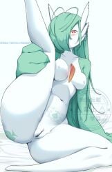 areola ass bedroom_eyes big_butt blush blush_lines breasts cecilia_(peachcupp) chest_spike clothed clothing curvy_female curvy_figure curvy_humanoid female front_view gardevoir generation_3_pokemon genitals glowing glowing_eyes green_body green_hair green_skin hair hair_down hi_res hourglass_figure hourglass_figured_female hourglass_figured_humanoid humanoid long_hair looking_at_viewer mammal medium_breasts narrowed_eyes nintendo nipples not_furry nude peachcupp piercing pokemon pokemon_(species) pokemorph presenting presenting_pussy pussy queen_of_spades_symbol raceplay raised_leg red_eyes seductive solo spikes spikes_(anatomy) thick_thighs topless white_areola white_body white_nipples white_skin wide_hipped_female wide_hipped_humanoid wide_hips womb_tattoo