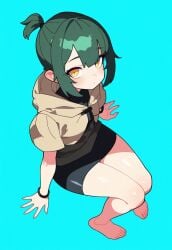 1girls ai_generated bare_legs barefoot blush blush blush_lines body_blush clothed clothing feet full_body green_hair jacket legs legs_apart looking_at_viewer medium_breasts medium_hair miniskirt original original_character ponytail shiny_skin sitting skirt thighs yellow_eyes yeyehuh