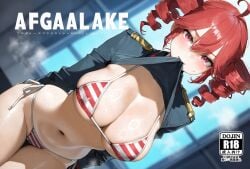 1girls ai_generated big_breasts bikini breasts cleavage female female_only huge_breasts kasane_teto lifting_shirt midriff navel red_eyes red_hair shirt_lift solo striped_bikini thick_thighs thighs twin_drills utau