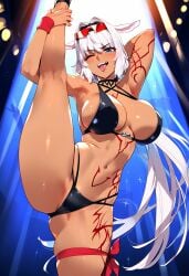 1girls ai_generated big_breasts bikini black_bikini blue_eyes breasts caenis_(fate) dark-skinned_female fate/grand_order fate_(series) female female_focus female_only hips huge_breasts large_breasts looking_at_viewer navel short_hair white_hair