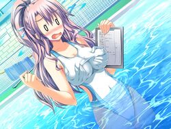 blush breast_grab breasts clothing female groping groping_from_behind henshin_3 invisible legs_together living_clothes long_hair nonude notebook one-piece_swimsuit open_mouth pen pool purple_hair remote_transfer school_swimsuit surprised surprised_arms swimsuit water white_school_swimsuit