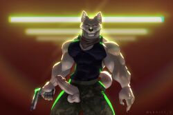 1boy 2022 3:2 anthro black_clothing black_shirt black_tank_top black_topwear bottomwear camo camo_print canid canine canis clothing digital_media_(artwork) domestic_dog erection fluorescent_light genitals grossy_vulpen gun handgun hi_res holding_gun holding_object holding_ranged_weapon holding_weapon humanoid_genitalia humanoid_penis kerchief looking_at_viewer male male_focus mammal military military_pants military_uniform muscular muscular_anthro muscular_male penis penis_poking_out penis_through_fly pistol ranged_weapon shiba_inu shirt smile smirk solo spitz tan_body tank_top topwear uniform weapon white_body