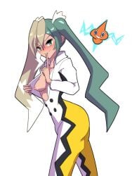 blush breasts breasts_outside female green_eyes green_hair hair_between_eyes long_hair medium_breasts nipples no_bra open_clothes pokemon_(creature) solo twintails