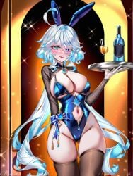 absurd_res ai_generated alcohol animal_ears bangs black_legwear blue_eyes blue_hair blush bow breasts cleavage cup diffraction_spikes drinking_glass drinking_straw fake_animal_ears female furina_(genshin_impact) genshin_impact glint holding holding_tray ice large_breasts lens_flare long_hair looking_at_viewer ministro navel navel_cutout open_mouth playboy_bunny rabbit_ears shooting_star solo sparkle sparkle_background star_(sky) starry_sky sun thighhighs thighs tray very_long_hair wine_glass wrist_cuffs