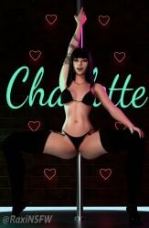 alternate_version_available bra charlotte_(fortnite) clothed clothed_female clothing fortnite hand_on_thigh heart legs_open looking_at_viewer open_legs open_mouth pussy_lips raxinsfw shiny shiny_skin smile smiling smiling_at_viewer stripper stripper_clothes stripper_pole tattoo tattoos thigh_highs thighhighs thong