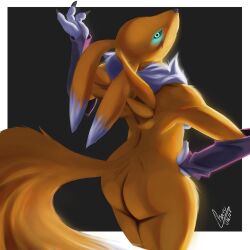 anthro ass bandai_namco big_butt big_tail black_nose black_sclera blue_eyes breasts claws digimon digimon_(species) dipstick_ears ear_markings facial_markings female fur grey_background grey_claws hand_on_hip head_markings hi_res looking_at_viewer looking_back looking_back_at_viewer markings multicolored_ears neck_tuft nude rear_view renamon rokkofennec simple_background solo tail thick_thighs tuft white_background white_body white_fur wide_hips yellow_body yellow_fur