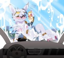 anthro bandai_namco big_breasts blush breasts canid canine car claws digimon digimon_(species) eyewear female fur genitals glasses hi_res jaki-kun_(character) kipaki mammal pussy sky solo tail vehicle weregarurumon white_body white_fur window