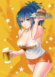 1girls big_ass big_breasts blue_eyes blue_hair breasts busty clothed curvaceous curvy cute female hooters hooters_uniform huge_breasts king_of_fighters kuributon leona_heidern light-skinned_female light_skin long_hair looking_at_viewer pale-skinned_female pale_skin ponytail sakura_mafumi shorts standing tank_top thick thick_thighs thighs tied_hair voluptuous voluptuous_female wide_hips