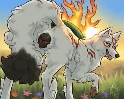 5:4 amaterasu amaterasu_(okami) animal_genitalia animal_pussy anus ass canid canine canine_genitalia canine_pussy canis capcom clover_studio female feral fire flower fur genitals grass hakudoge hi_res mammal okami okami_(capcom) orange_eyes outside paws plant presenting presenting_pussy pussy quadruped raised_paw smile solo sun sunrise white_body white_fur wolf wolf_ears wolf_tail