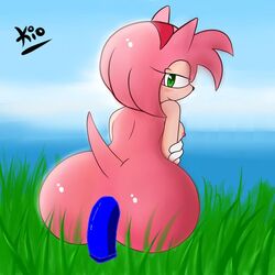 amy_rose anal anal_sex anus ass back_view big_ass blue blue_dildo edit grass green hedgehog kio light_blue looking_at_viewer looking_back penetration pink_fur sega sky sonic_(series) sonic_the_hedgehog