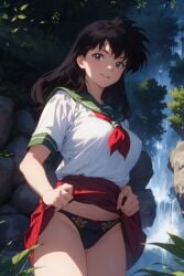 1girls ai_generated black_hair black_panties brown_eyes curvy curvy_female female female_only forest inuyasha kagome_higurashi long_hair nature outdoors school_uniform self_upload serafuku skirt skirt_lift smirk solo stable_diffusion waterfall