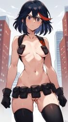 ai_generated areola areola_slip ass_visible_through_thighs autismmix_confetti_(model) belt_pouch bottomless city closed_mouth cloud cowboy_shot day female fog foggy_background gloves kill_la_kill looking_at_viewer marusame matoi_ryuuko medium_breasts multicolored_hair navel nudist_beach_uniform outdoors pussy pussy_juice pussy_juice_drip skyscraper stable_diffusion sweat thighhighs two_tone_hair