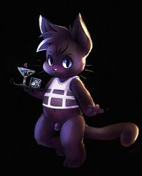 black_background blue_eyes bottomless clothed clothing drink feline half-dressed ice lando male male_only penis plain_background solo straw tray waiter