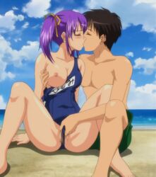 animated blue_mizugi breast_grab censored female fondling groping hitomi_(school_i) kissing male mizugi nipples one_breast_out purple_hair pussy pussy_wedgie school_i school_swimsuit