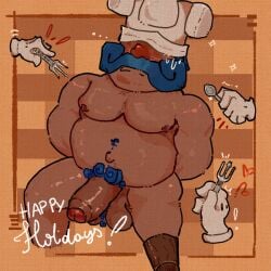 bara butterdogpie clash_(series) clash_royale dark-skinned_male embarrassed fat_man floating_hands foreskin gloves half-erect hidden_eyes holidays male_focus musclegut royal_chef_(clash_royale) solo_male thick_penis uncut