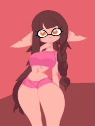 bare_midriff brown_hair crop_top micro_shorts narrow_waist original_character pink_clothing pointy_ears tagme thick_thighs