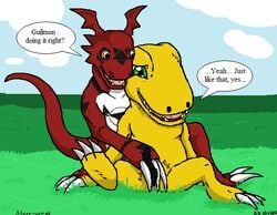 agumon black claws color dialog digimon dragon feral gay grass green_eyes guilmon handjob interspecies male male_only mosny multiple_males no_humans open_mouth penis reptile scalie simple_background sitting sky smile text yaoi yellow_eyes