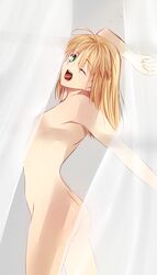 ahoge artoria_pendragon ass blonde_hair blue_eyes blush fate/stay_night fate_(series) highres ladymarta long_hair nipples nude saber shoulders small_breasts stretch wince yawn