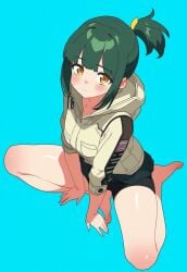 1girls ai_generated bare_legs barefoot blush blush_lines blushing body_blush clothed clothing feet full_body green_hair jacket legs legs_apart looking_at_viewer medium_breasts medium_hair miniskirt original original_character ponytail shiny_skin sitting skirt thighs yellow_eyes yeyehuh