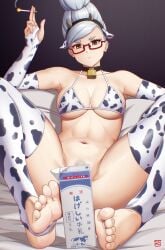 animal_print ayase_seiko beehive_hairdo bikini breasts bridal_gauntlets cigarette convenient_censoring cow_print cow_print_bikini cow_print_gloves cow_print_thighhighs dandadan feet female female_pubic_hair finalcake foot_fetish glasses gloves highres large_breasts mature_female milk milk_carton print_bikini print_gloves print_thighhighs pubic_hair red-framed_eyewear semi-rimless_eyewear stirrup_legwear swimsuit thighhighs toeless_legwear white_hair