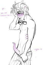 1boy blush dialogue english_text eridan_ampora fins glasses homestuck horns male_focus male_only ms_paint_adventures pants pointy_ears short_hair solo solo_male stripping tentabulge tentacle_penis text white_background white_hair white_skin