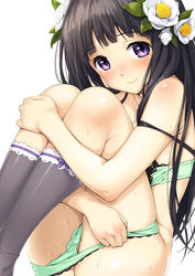 black_hair black_legwear blush bra chitanda_eru flower hair_flower hair_ornament hyouka leg_hug long_hair looking_at_viewer oryou panties panty_pull purple_eyes simple_background smile socks solo thighhighs underwear underwear_only white_background