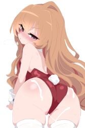 after_sex aisaka_taiga ass blush breasts breath brown_eyes brown_hair cum cum_on_ass cum_on_body female highres kukuchi581 long_hair nipples nude playboy_bunny rabbit_tail small_breasts sweat tail thighhighs toradora! white_thighhighs