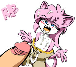 aeris_(vg_cats) anthro blue_eyes blush breasts cum cum_in_mouth cum_on_breasts cum_on_face erection feline fellatio female hair human male mammal nipples oral oral_sex orgasm penis pink_hair r!p sex vg_cats