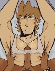 ampallang_piercing annoyed_expression armpit_hair arms_above_head cum_on_chest cum_on_face eddsworld gay gay_paizuri male male/male male_only mastectomy_scar mewcasstea muscular muscular_male nipple_piercing off_screen_character painted_nails pecjob pecjob_under_clothes pecs tank_top tank_top_lift tom_(eddsworld) top_surgery_scars tord_(eddsworld)