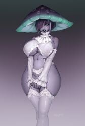 big_ass big_breasts big_nipples blue_body blue_skin dark_hair dark_skin green_eyes kolga_art kolgaart myconid violet_hair violet_skin virgin_destroyer_sweater virgin_killer_sweater