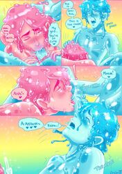 2boys blowjob blowjob_face blue_eyes blue_goo blue_slime color_coded_speech_bubble comic comic_page ejaculation goo goo_boy marshmallowmaximus monster_boy oral penis pink_eyes pink_goo pink_slime slime speech_bubble yaoi