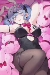 big_ass big_breasts blue_eyes blue_hair bunny_ears bunny_girl bunny_tail bunnysuit hatsune_miku huge_breasts huge_thighs pink_eyes pink_hair rabbit rabbit_hole_(vocaloid) ribbon smile stuffed_toy thighs twintails vocaloid