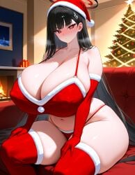 ai_generated blue_archive blush christmas christmas_outfit christmas_tree cleavage collarbone covered_erect_nipples expressionless gigantic_breasts hands_on_thighs long_gloves looking_at_viewer millennium_science_school_student nipple_bulge rio_(blue_archive) seminar_(blue_archive) sitting stable_diffusion thick_thighs thighhighs wide_hips