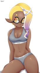 calvin_klein dark-skinned_female dark_skin fangs frye_(splatoon) frye_onaga inkling looking_away self_upload simple_background sitting smile smiling splatoon splatoon_(series) splatoon_3 sports_bra sportswear tvar111 yellow_eyes