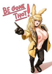 big_breasts black_boots black_choker black_gloves blonde_hair breasts brown_highlights bunny_ears bunny_girl choker exposed_breasts exposed_nipples exposed_torso female female_only final_fantasy final_fantasy_xiv fur_collar heterochromia long_cock long_hair long_ponytail lordmagnuss oc open_mouth original_character pointing posing pubic_hair pubic_hair_peek reagan_reaves shouting tall viera