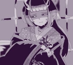 black_sclera blood colored_sclera female grimms_echoes guro half-closed_eyes hime_cut injury japanese_clothes kimono long_hair monochrome shaded_face sitting solo source_request tears torn_clothes user_sjtw2272 void_onihime_(grimms_echoes)