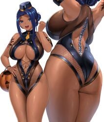 1girls big_breasts blue_hair dark-skinned_female dark_skin female female_only hat kisaragi_tsurugi marsha_thompson skimpy skimpy_clothes solo tattoo