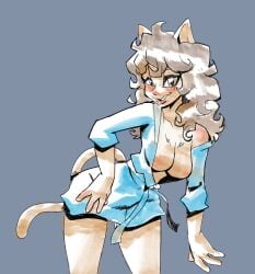 anthro bathrobe blush brown_eyes brown_hair cat_ears cat_tail cleavage exposed_shoulders feline furry furry_female lemuzaurio omaha_the_cat_dancer