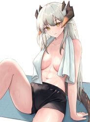 1girls ai_generated arknights female horns runyo_(yale12312) saria_(arknights) shorts sweat topless towel towel_around_neck