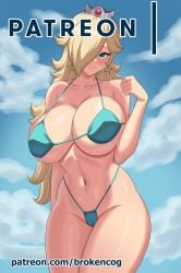 big_breasts blonde_hair blue_bikini breasts brokencog hair_over_one_eye mario_(series) navel nintendo princess_rosalina super_mario_galaxy thong