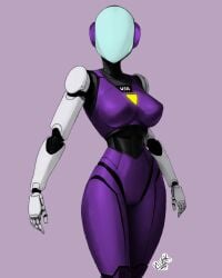 armor artist_name breastplate breasts faceless faceless_character faceless_female female female_robot gynoid headwear highres kevio_nivek large_breasts led_light machine no_eyes no_mouth no_nose original original_character purple_armor purple_background purple_skin robot robot_joints sci-fi science_fiction scifi signature simple_background solo solo_female standing thighs thin_waist yellow_light